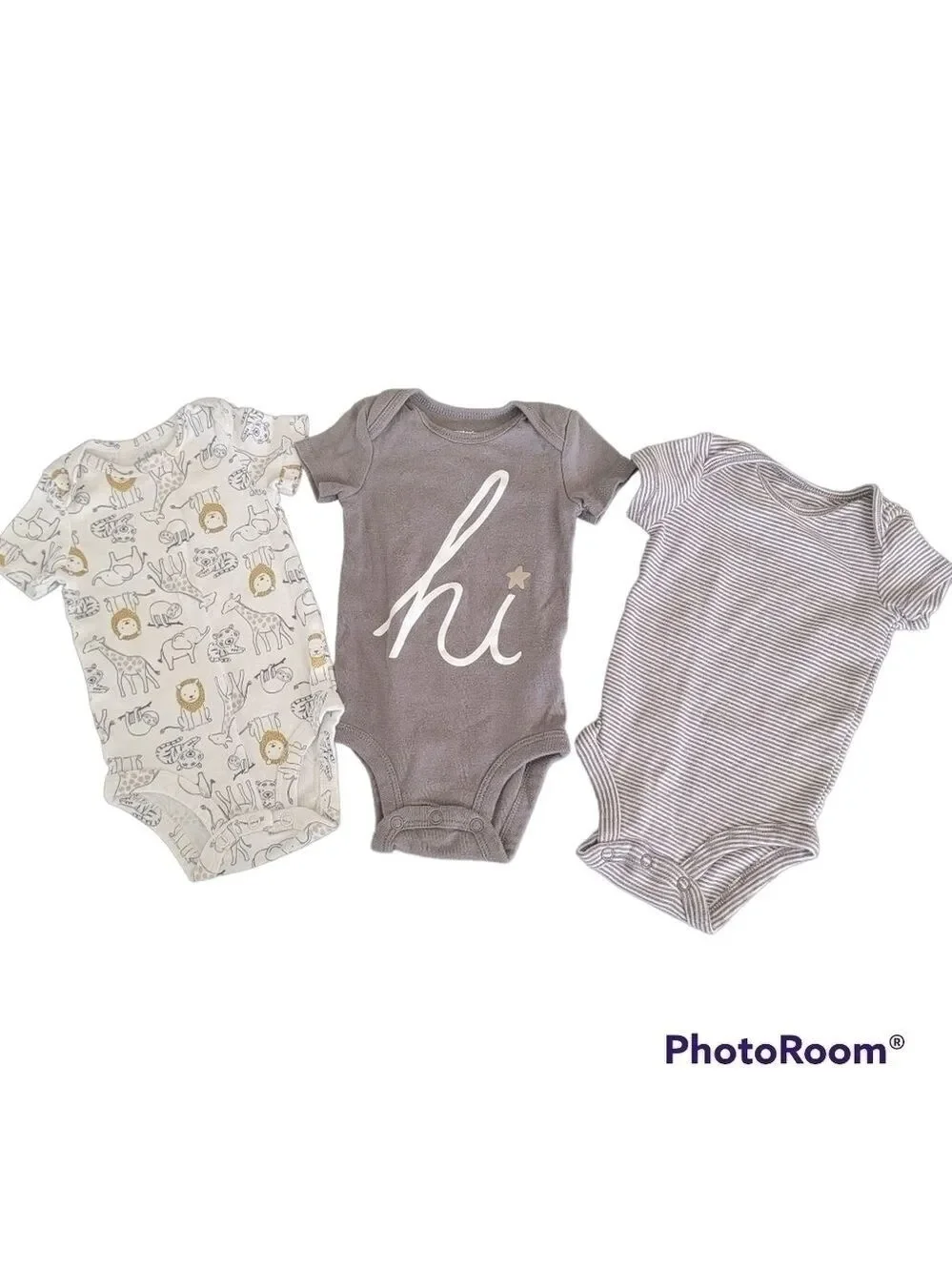 Carter's 3 Piece Onesie Bundle Hi, Zoo Animal Print, Striped Gray White 3 months
